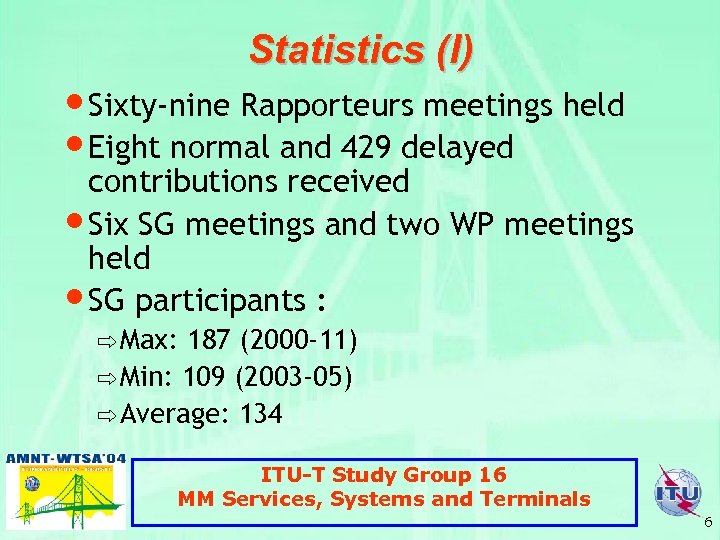 Statistics (I) • Sixty-nine Rapporteurs meetings held • Eight normal and 429 delayed contributions