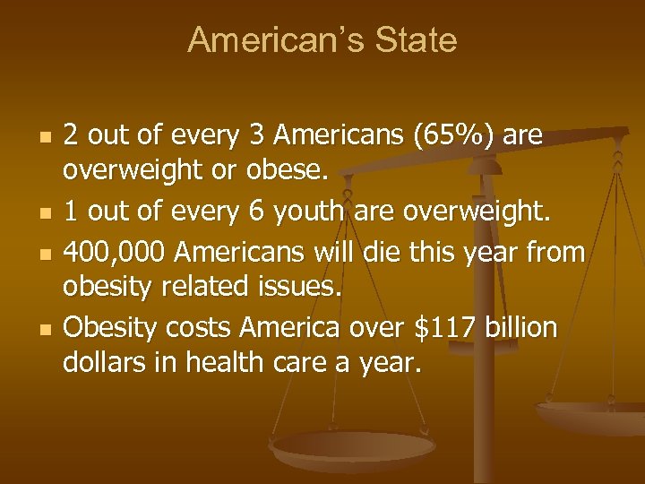American’s State n n 2 out of every 3 Americans (65%) are overweight or