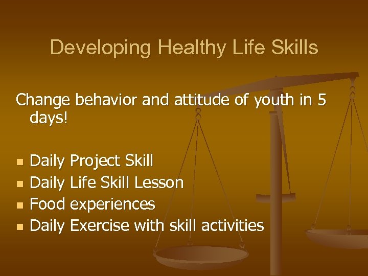 Developing Healthy Life Skills Change behavior and attitude of youth in 5 days! n