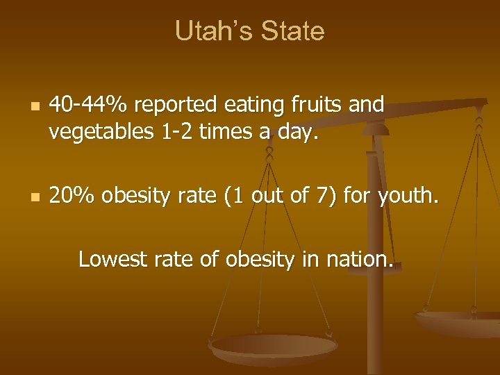Utah’s State n n 40 -44% reported eating fruits and vegetables 1 -2 times
