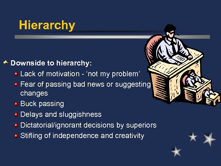 Hierarchy Downside to hierarchy: Lack of motivation - ‘not my problem’ Fear of passing