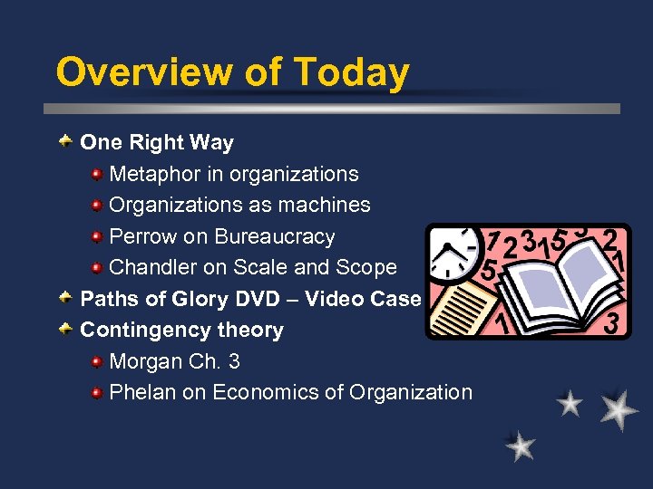 Overview of Today One Right Way Metaphor in organizations Organizations as machines Perrow on