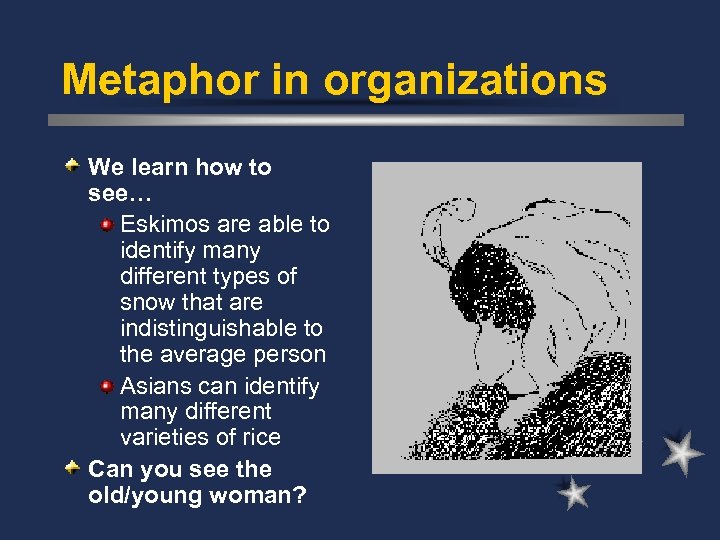 Metaphor in organizations We learn how to see… Eskimos are able to identify many