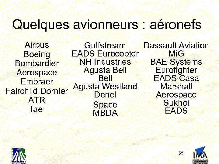 Quelques avionneurs : aéronefs Airbus Gulfstream Dassault Aviation EADS Eurocopter Mi. G Boeing NH