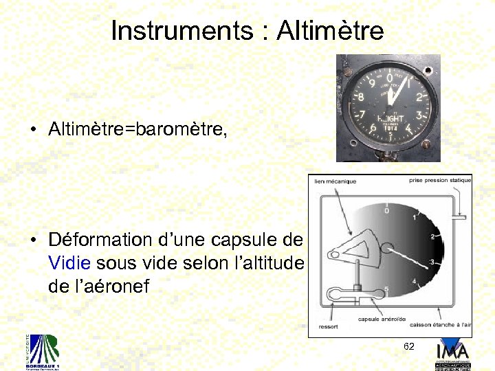 Instruments : Altimètre • Altimètre=baromètre, • Déformation d’une capsule de Vidie sous vide selon