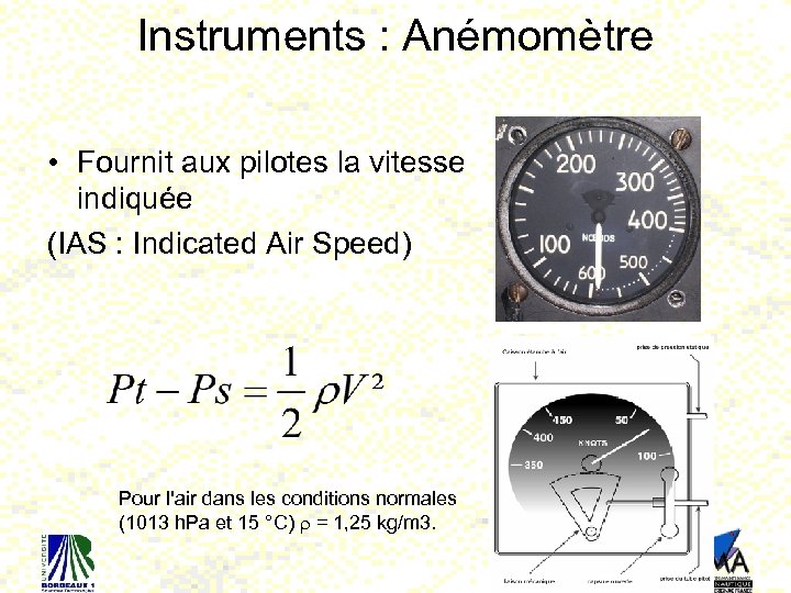 Instruments : Anémomètre • Fournit aux pilotes la vitesse indiquée (IAS : Indicated Air