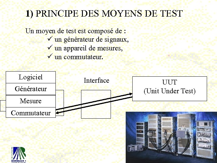 1) PRINCIPE DES MOYENS DE TEST Un moyen de test composé de : ü