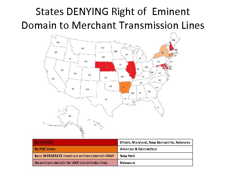 States DENYING Right of Eminent Domain to Merchant Transmission Lines By STATUTE Illinois, Maryland,