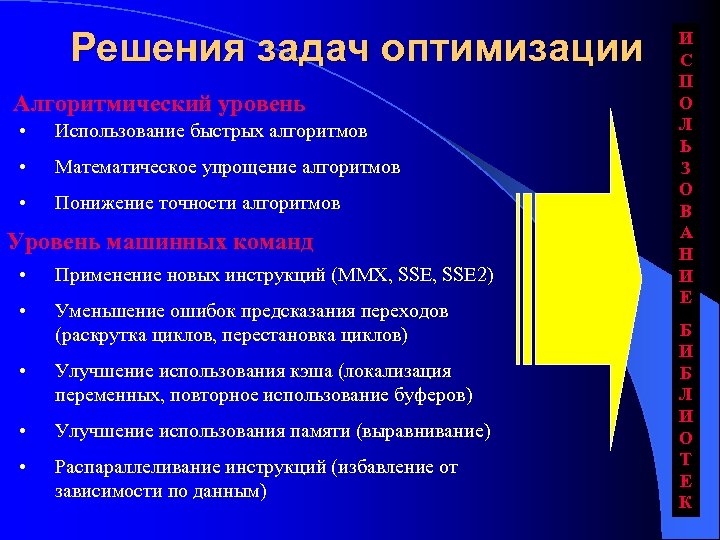 Решения задач оптимизации Алгоритмический уровень • Использование быстрых алгоритмов • Математическое упрощение алгоритмов •