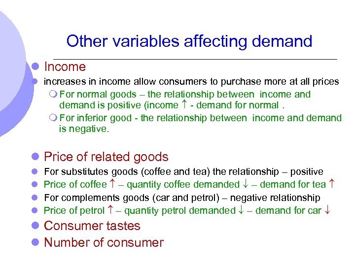 Other variables affecting demand l Income l increases in income allow consumers to purchase