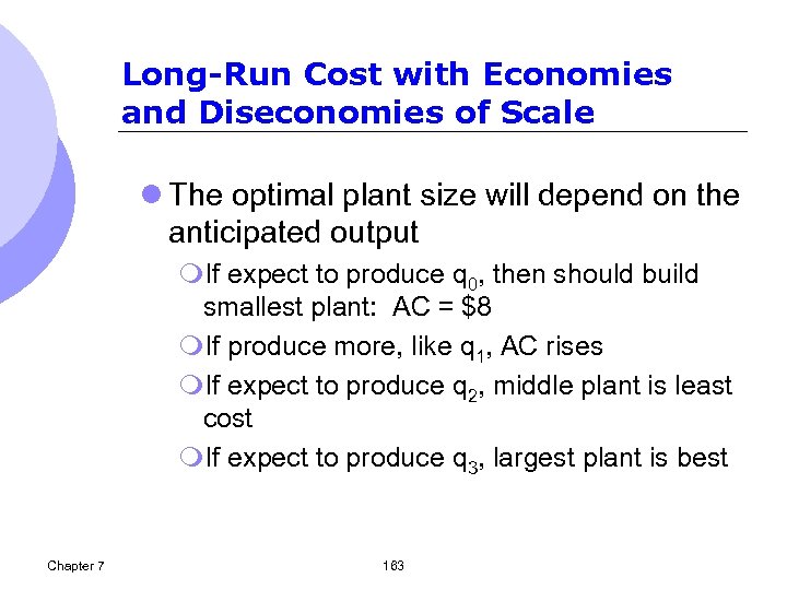 Long-Run Cost with Economies and Diseconomies of Scale l The optimal plant size will