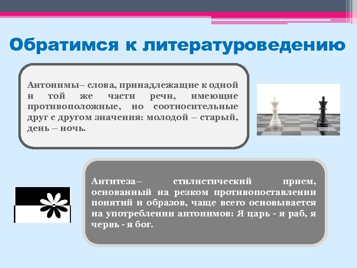 Обратимся к литературоведению Антонимы– слова, принадлежащие к одной и той же части речи, имеющие