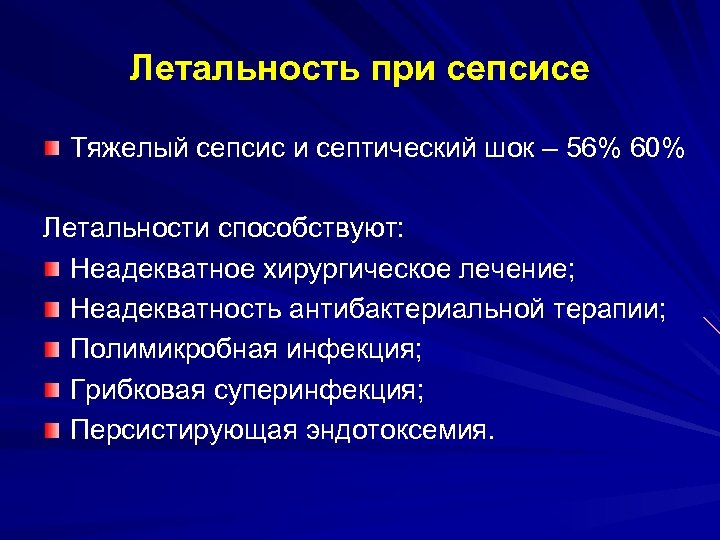 Летальность при сепсисе Тяжелый сепсис и септический шок – 56% 60% Летальности способствуют: Неадекватное