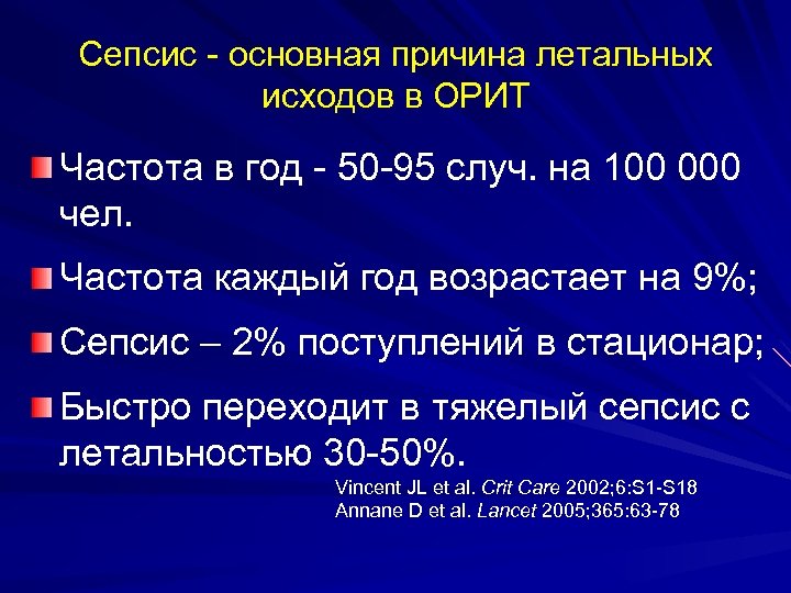 Сепсис - основная причина летальных исходов в ОРИТ Частота в год - 50 -95