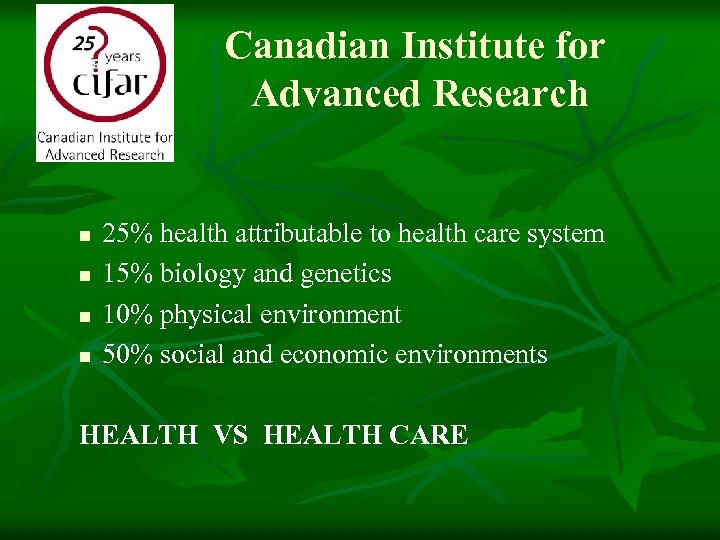 Canadian Institute for Advanced Research n n 25% health attributable to health care system