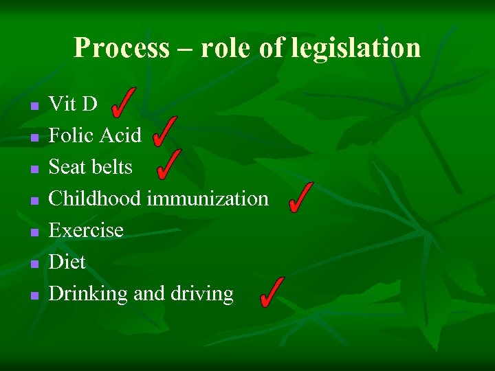 Process – role of legislation n n n Vit D Folic Acid Seat belts