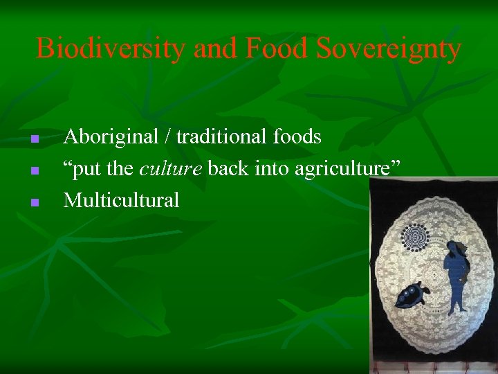 Biodiversity and Food Sovereignty n n n Aboriginal / traditional foods “put the culture