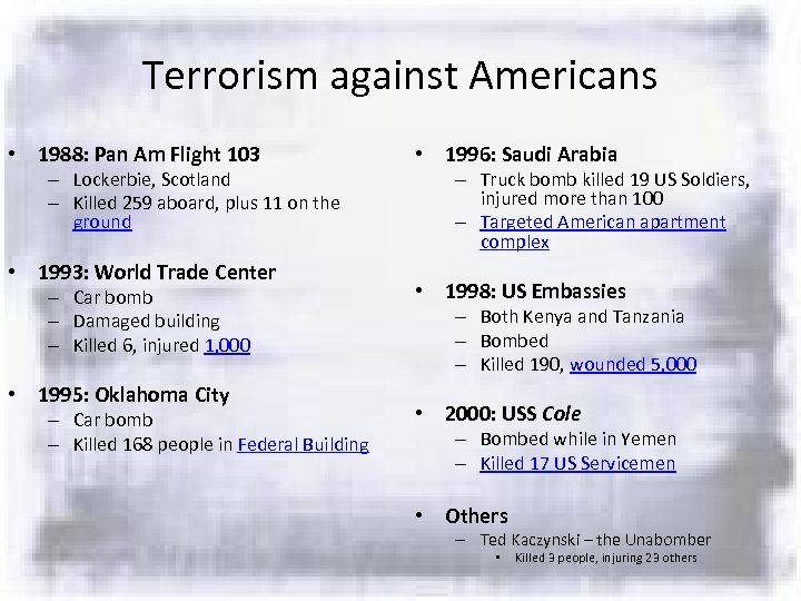 Terrorism against Americans • 1988: Pan Am Flight 103 – Lockerbie, Scotland – Killed