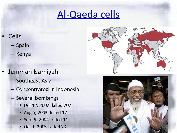 Al-Qaeda cells • Cells – Spain – Kenya • Jemmah Isamiyah – Southeast Asia