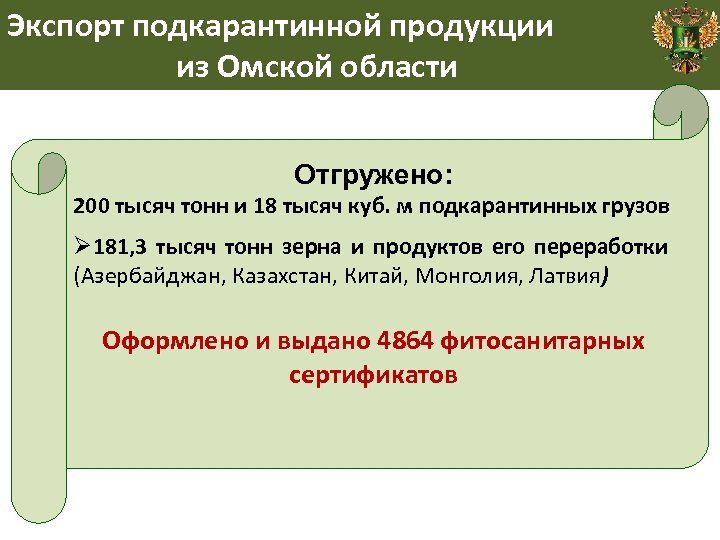 Экспорт подкарантинной продукции из Омской области Отгружено: 200 тысяч тонн и 18 тысяч куб.