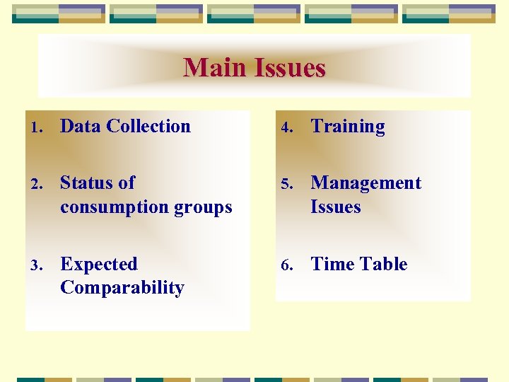 Main Issues 1. Data Collection 4. Training 2. Status of consumption groups 5. Management