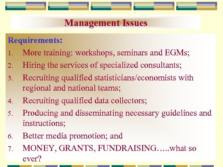 Management Issues Requirements: 1. More training: workshops, seminars and EGMs; 2. Hiring the services