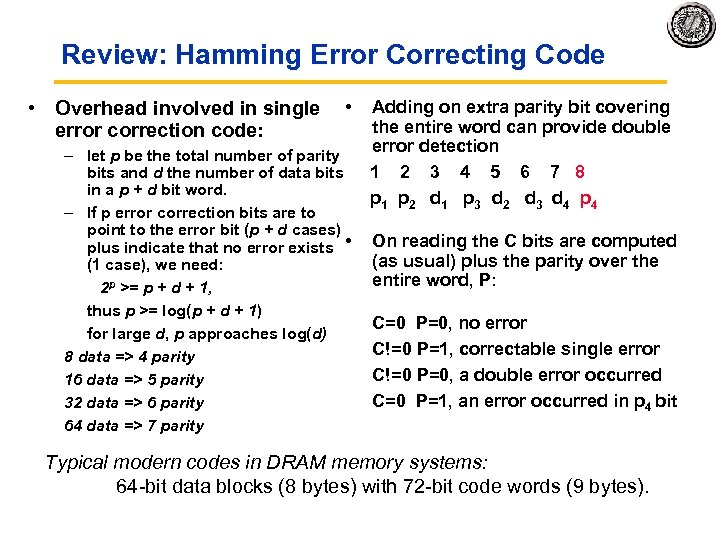 Review: Hamming Error Correcting Code • Overhead involved in single • error correction code: