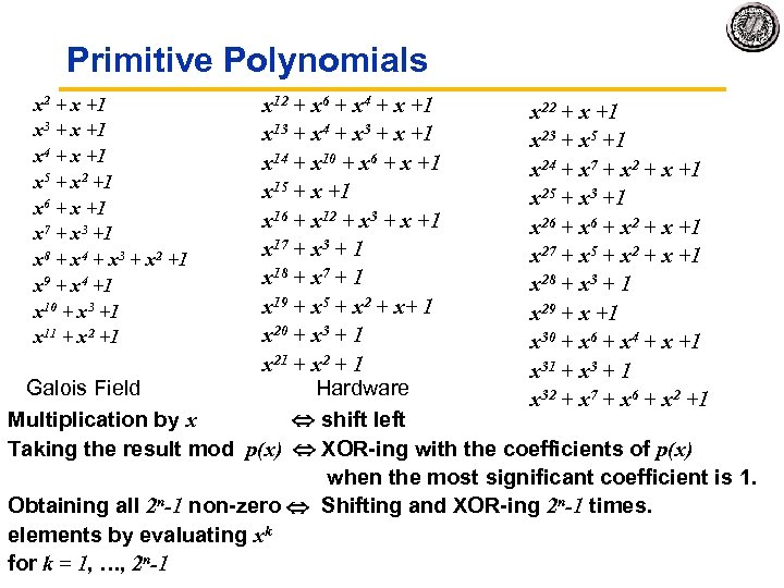 Primitive Polynomials x 12 + x 6 + x 4 + x +1 x