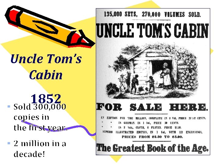 Uncle Tom’s Cabin 1852 § Sold 300, 000 copies in the first year. §