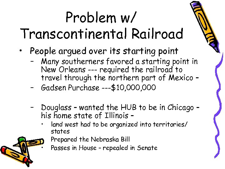 Problem w/ Transcontinental Railroad • People argued over its starting point – Many southerners
