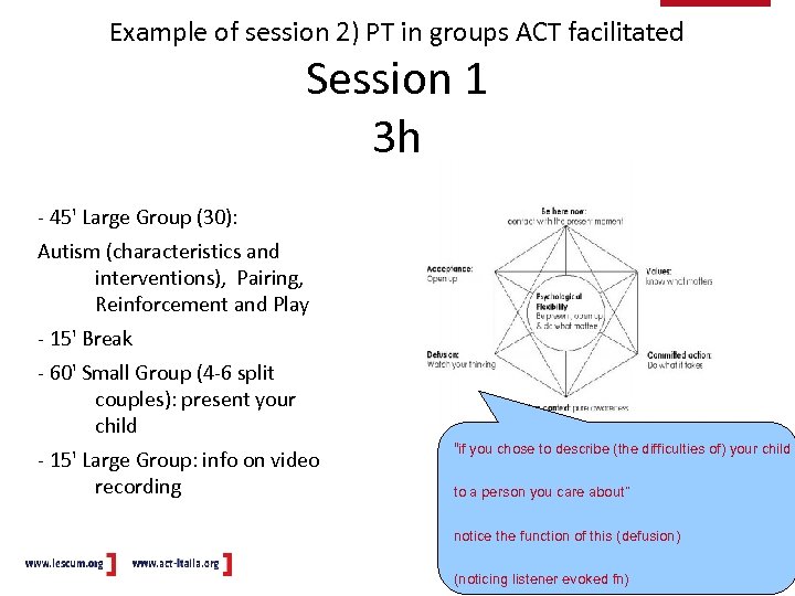 Example of session 2) PT in groups ACT facilitated Session 1 3 h -