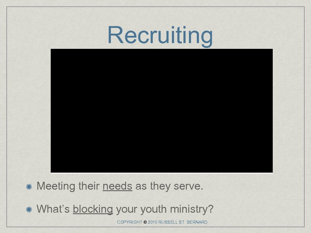 Recruiting Meeting their needs as they serve. What’s blocking your youth ministry? COPYRIGHT ©
