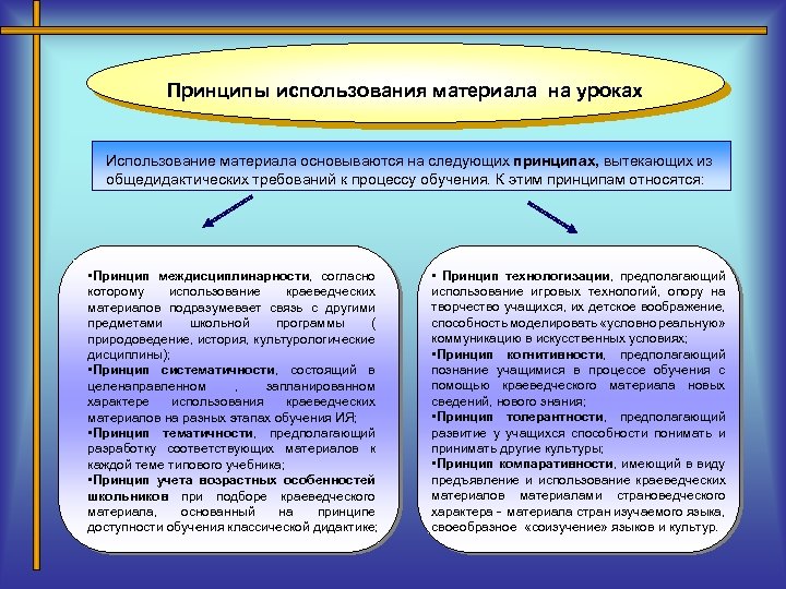 Принципы использования материала на уроках Использование материала основываются на следующих принципах, вытекающих из общедидактических