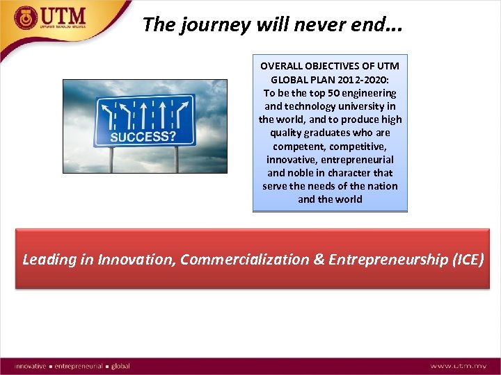 The journey will never end. . . OVERALL OBJECTIVES OF UTM GLOBAL PLAN 2012