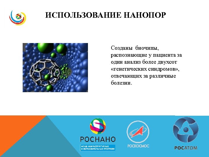 ИСПОЛЬЗОВАНИЕ НАНОПОР Созданы биочипы, распознающие у пациента за один анализ более двухсот «генетических синдромов»