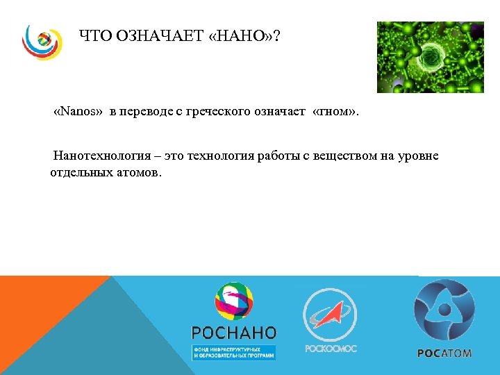  ЧТО ОЗНАЧАЕТ «НАНО» ? «Nanos» в переводе с греческого означает «гном» . Нанотехнология