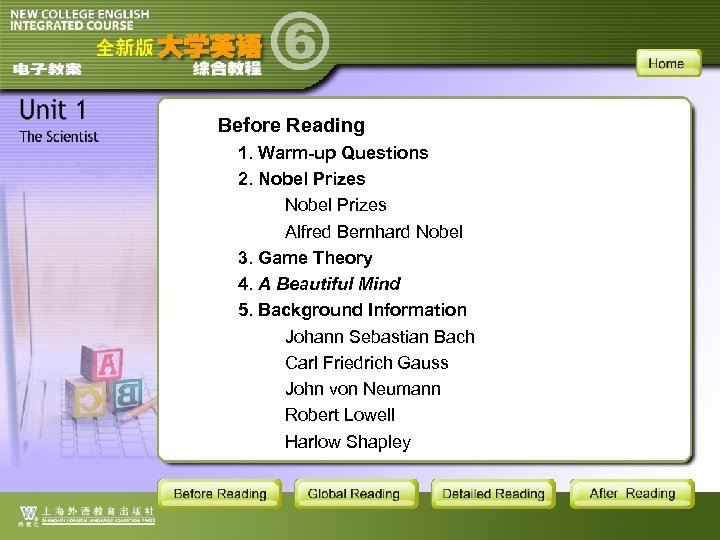 Before Reading 1. Warm-up Questions 2. Nobel Prizes Alfred Bernhard Nobel 3. Game Theory