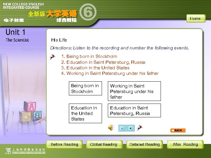 His Life Directions: Listen to the recording and number the following events. 1. Being