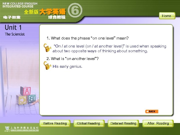 1. What does the phrase “on one level” mean? “On / at one level