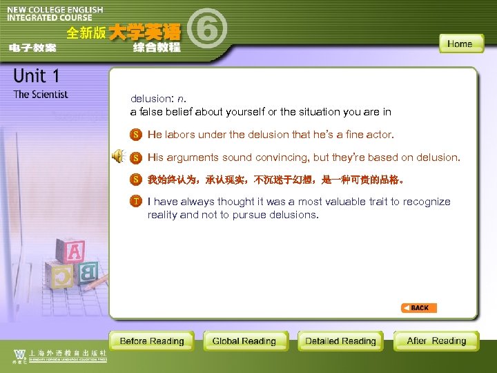 delusion: n. a false belief about yourself or the situation you are in He