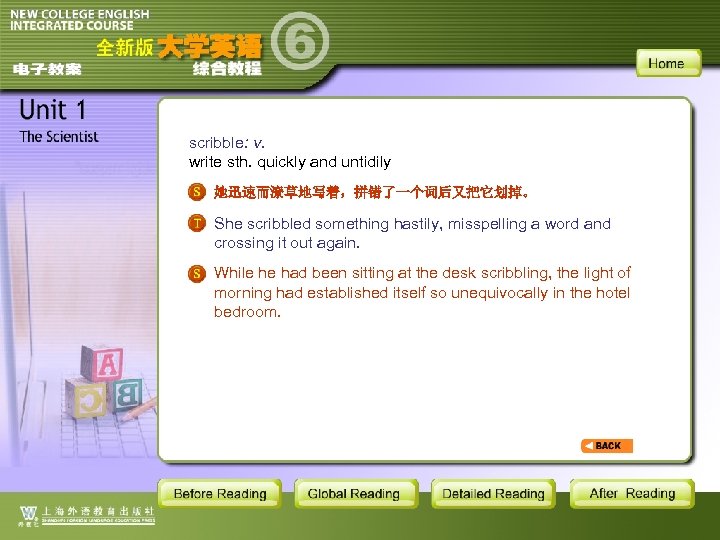 scribble: v. write sth. quickly and untidily 她迅速而潦草地写着，拼错了一个词后又把它划掉。 She scribbled something hastily, misspelling a