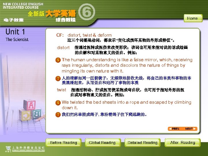 CF: distort, twist & deform 这三个词都是动词，都表示“变化或损坏某物的外形或特征”。 distort 指通过扭转或扭伤来改变形状；该词也可用来指对说的话或绘画 的曲解和对某物意义的歪曲。例如： The human understanding is like