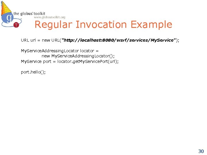 Regular Invocation Example URL url = new URL(“http: //localhost: 8080/wsrf/services/My. Service