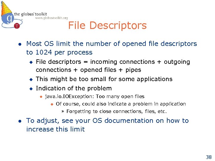 File Descriptors l Most OS limit the number of opened file descriptors to 1024