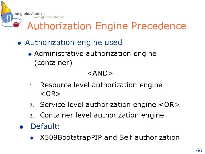 Authorization Engine Precedence l Authorization engine used u Administrative authorization engine (container) <AND> 1.