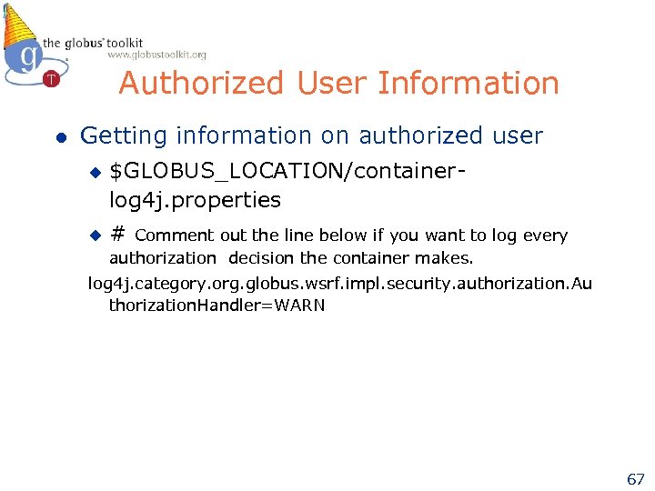 Authorized User Information l Getting information on authorized user u u $GLOBUS_LOCATION/containerlog 4 j.