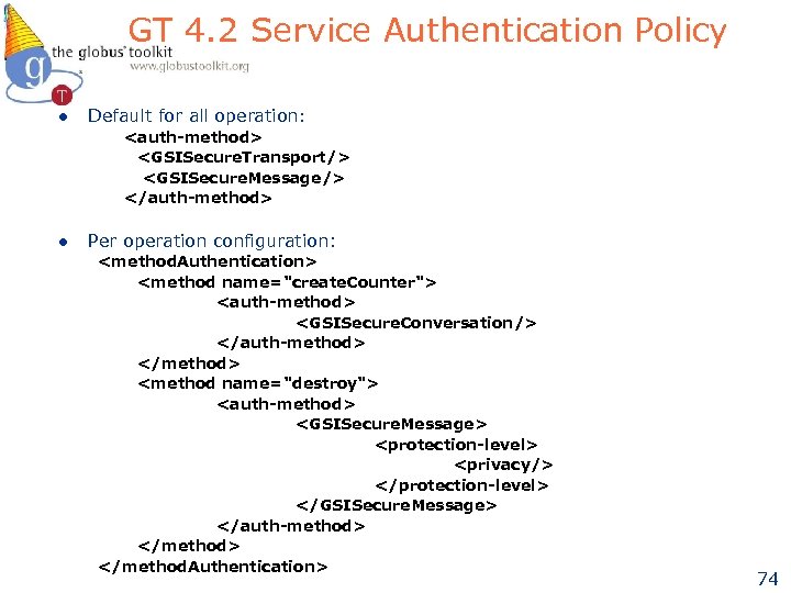 GT 4. 2 Service Authentication Policy l Default for all operation: <auth-method> <GSISecure. Transport/>