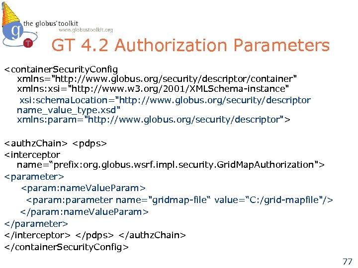 GT 4. 2 Authorization Parameters <container. Security. Config xmlns=