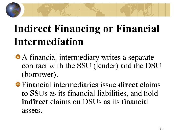 Indirect Financing or Financial Intermediation A financial intermediary writes a separate contract with the