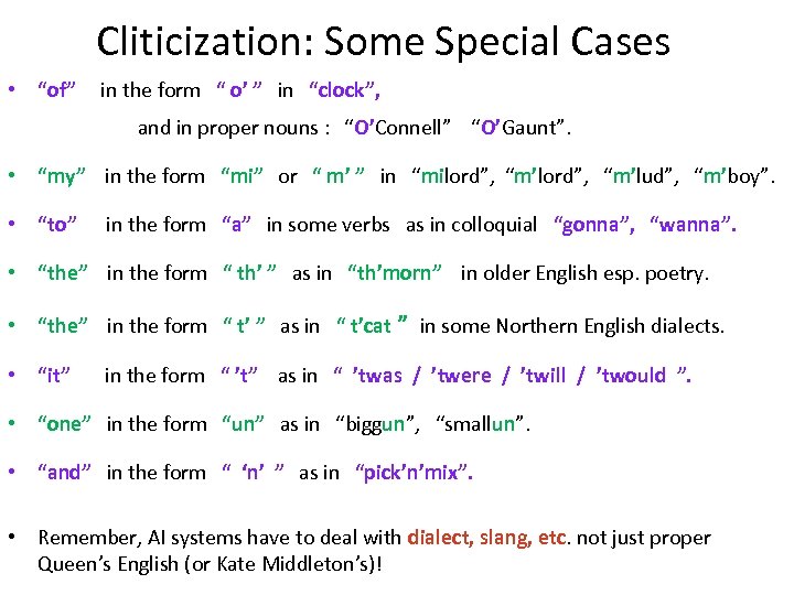 Cliticization: Some Special Cases • “of” in the form “ o’ ” in “clock”,